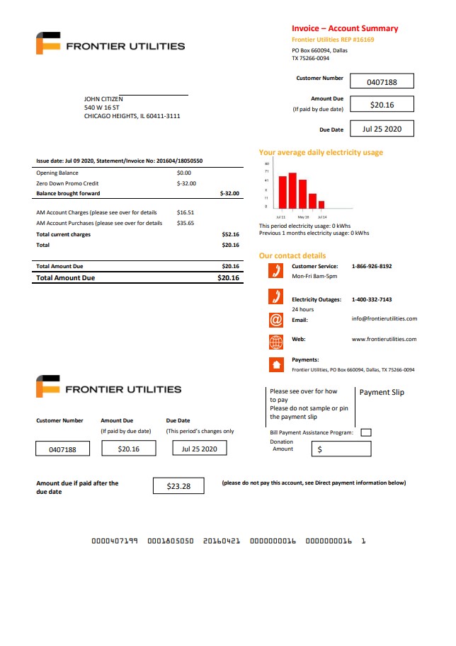 USA Texas Frontier Utilities utility bill template in Word and PDF format
